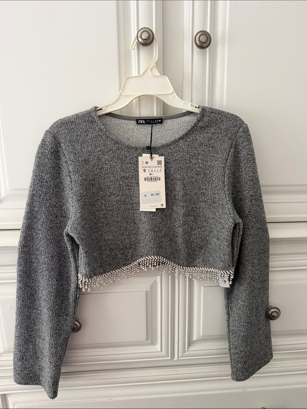 Zara Gray Beaded Hem Cropped Knit Sweater